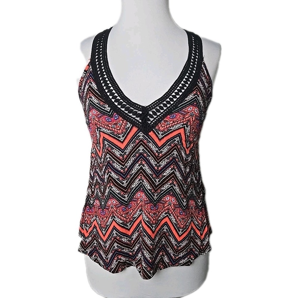 Ambiance Geo Print Gauzy Crochet Trim Tank Top SMALL S